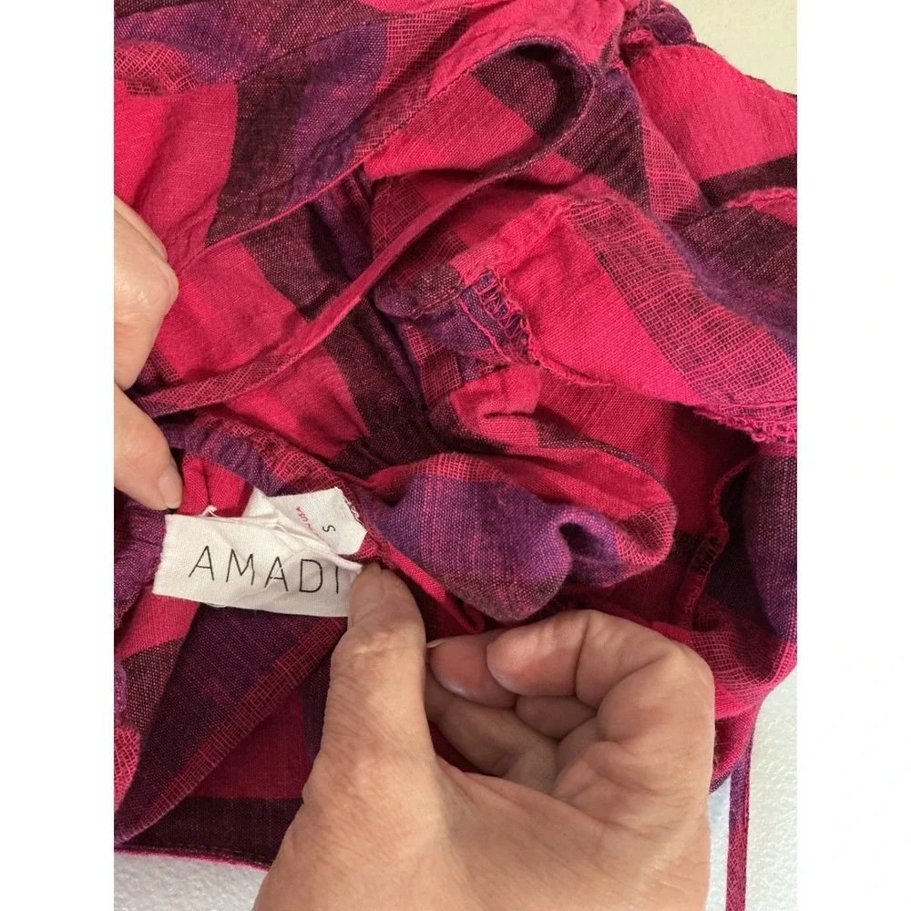 Anthropologie MELIA‎ AMADI Women Pink Purple Striped Ruffle Overlay Romper Small